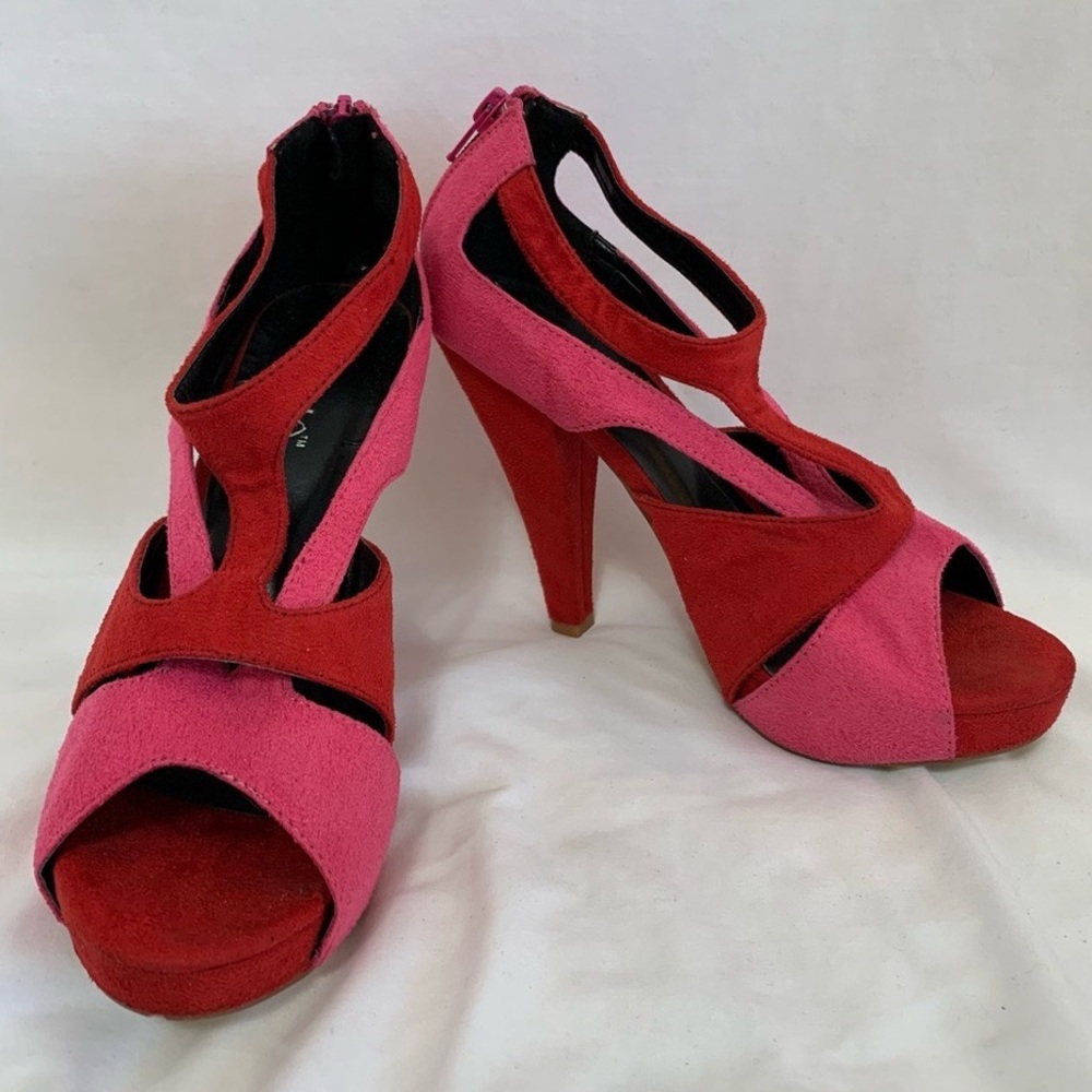 Liliana Red suede red pink straps hidden platform heel sandals duo tone peep toe
